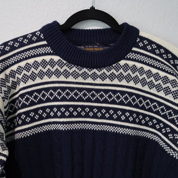 JCPenney Sweater Vintage Mens Knit Top Fair Isle Retro Crewneck Blue White M - Picture 6 of 14
